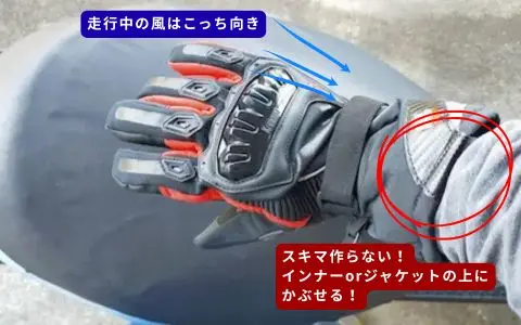 バイクグローブを装備した画像。防寒の使い方が示されている。