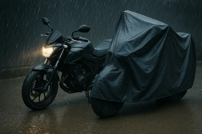 雨の中、バイクが2台並んでいる。1台はそのまま、1台はバイクカバーがかけてあり、車体が濡れるか濡れないかを比較している。