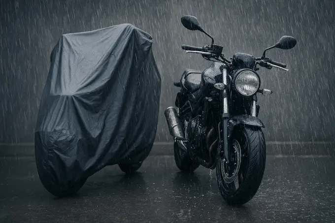 雨の中、バイクが2台並んでいる。1台はそのまま、1台はバイクカバーがかけてあり、車体が濡れるか濡れないかを比較している。
