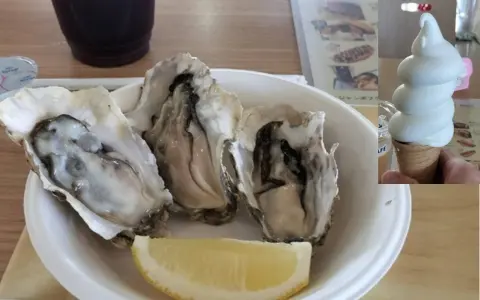 厚岸グルメパークの牡蠣とソフトクリームの写真。