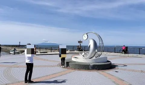 ノシャップ岬のいるかモニュメント。背景に広大な海が広がる。