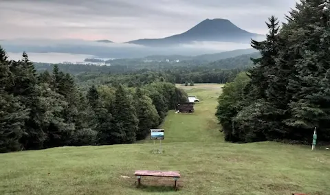 阿寒湖畔展望台からの景色。両サイドが木々に囲まれた芝生と、遠くに大きな山と湖が望める。