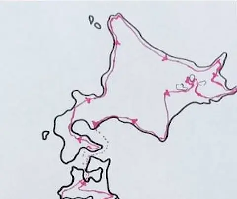 北海道ツーリングのルートを書いた白黒地図。